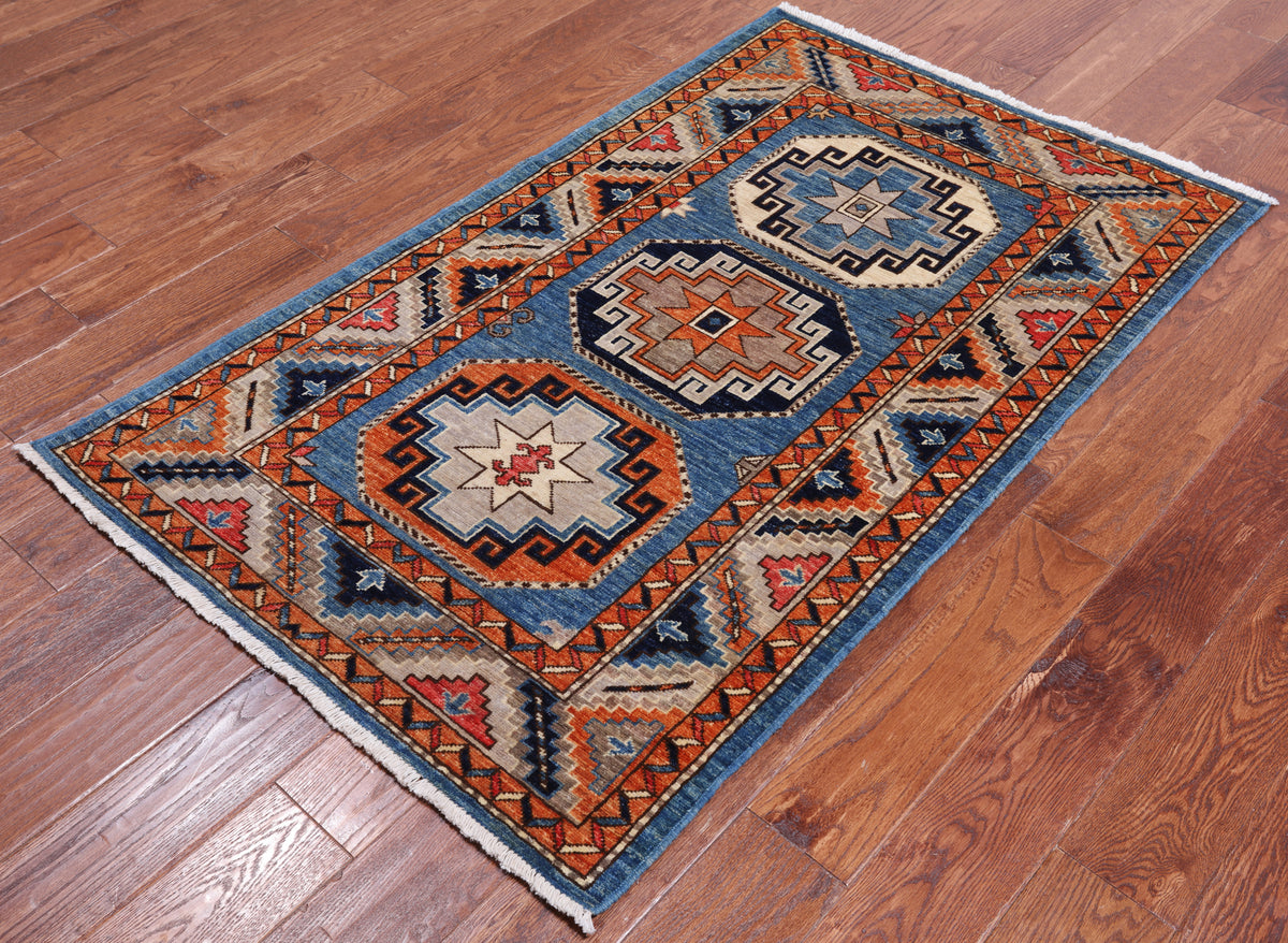 Blue Turkmen Ersari Hand Knotted Wool Rug - 3' 1" X 5' 0"