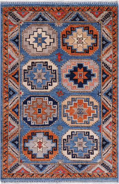 Blue Turkmen Ersari Hand Knotted Wool Rug - 3' 11" X 5' 9"