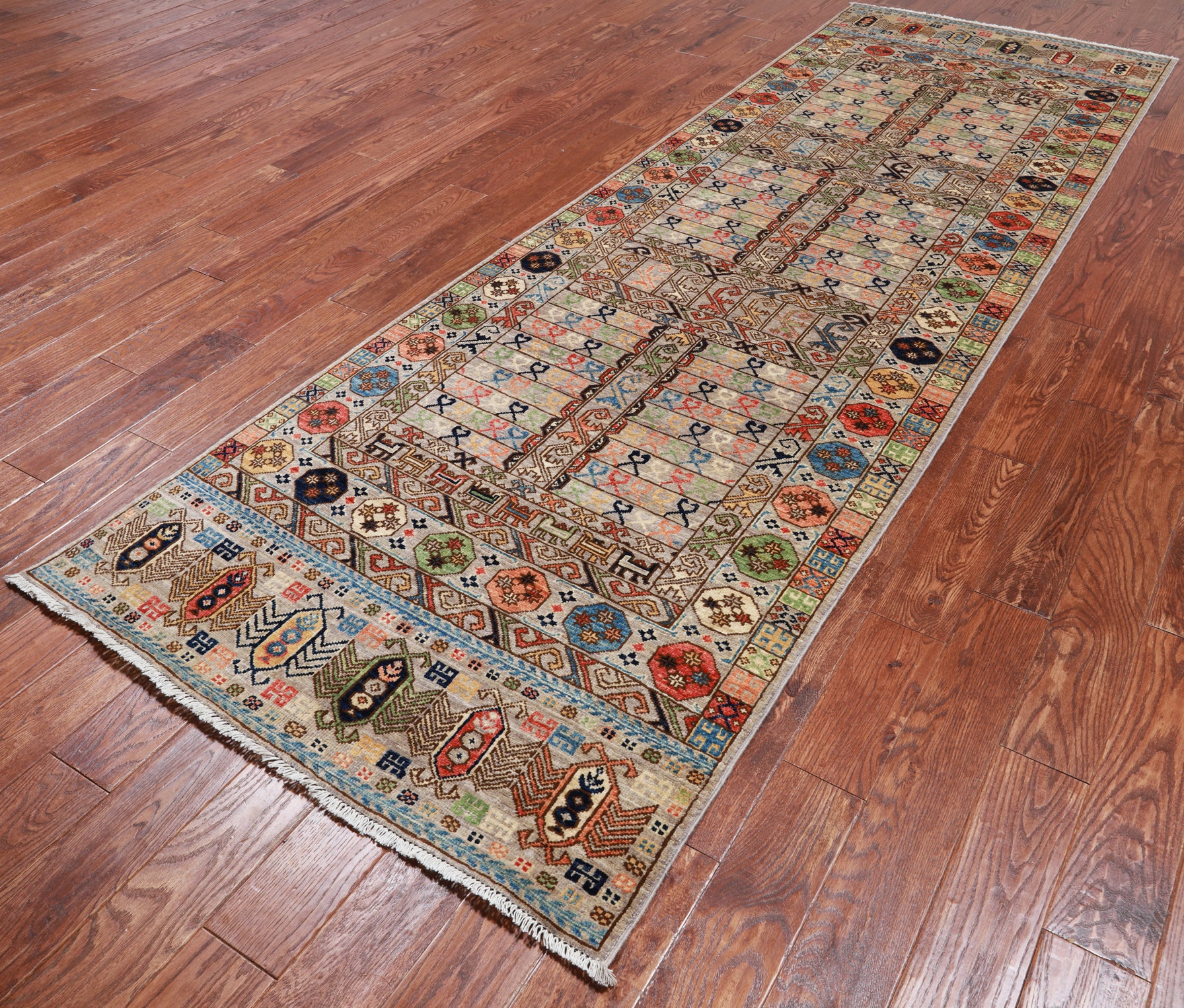 Turkmen Ersari Handmade Wool Runner Rug - 3' 9" X 11' 4"