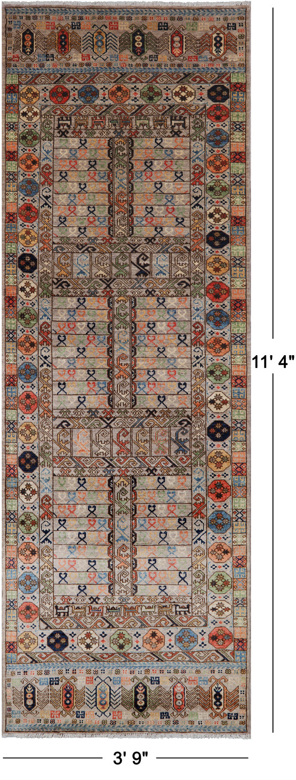 Turkmen Ersari Handmade Wool Runner Rug - 3' 9" X 11' 4"