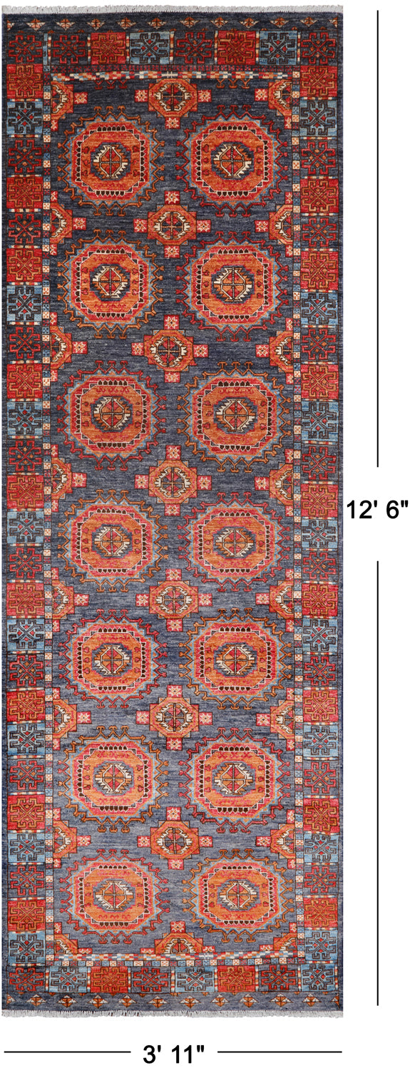 Turkmen Ersari Handmade Wool Runner Rug - 3' 11" X 12' 6"