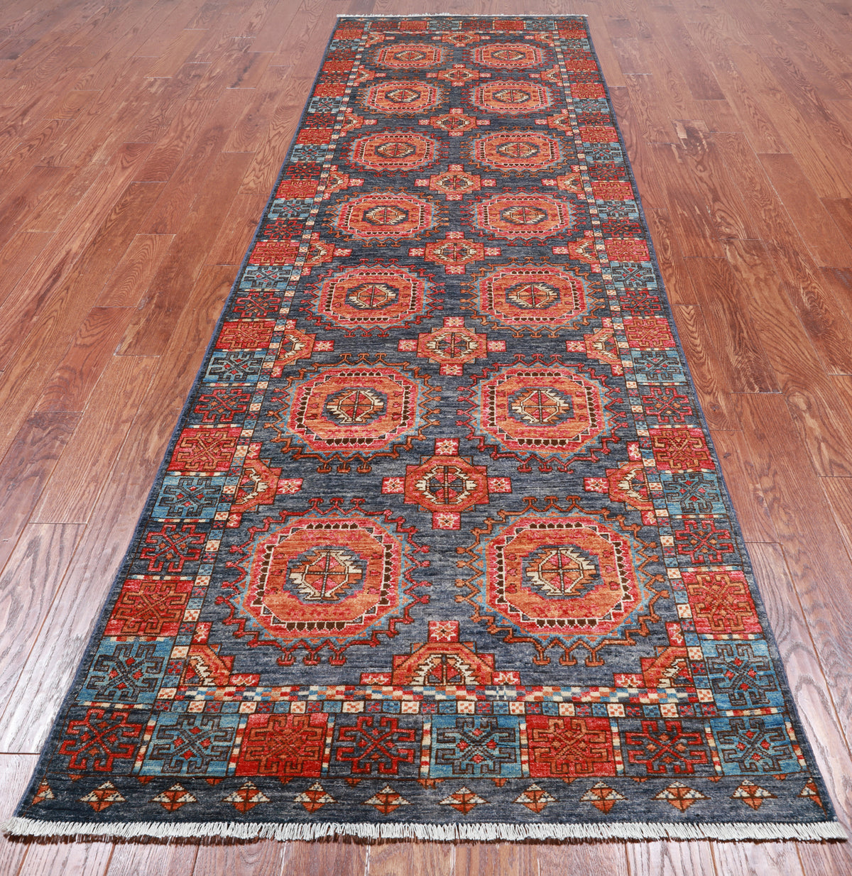 Turkmen Ersari Handmade Wool Runner Rug - 3' 11" X 12' 6"