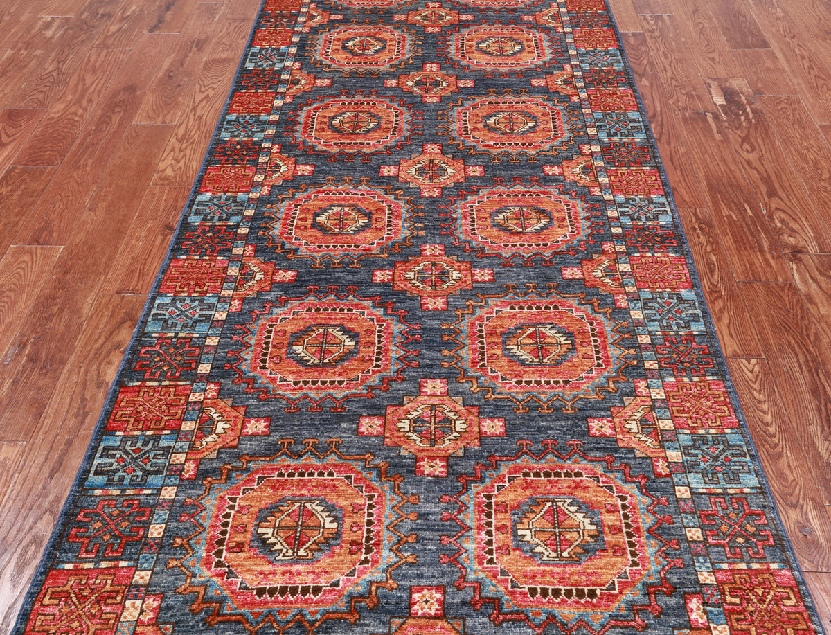 Turkmen Ersari Handmade Wool Runner Rug - 3' 11" X 12' 6"