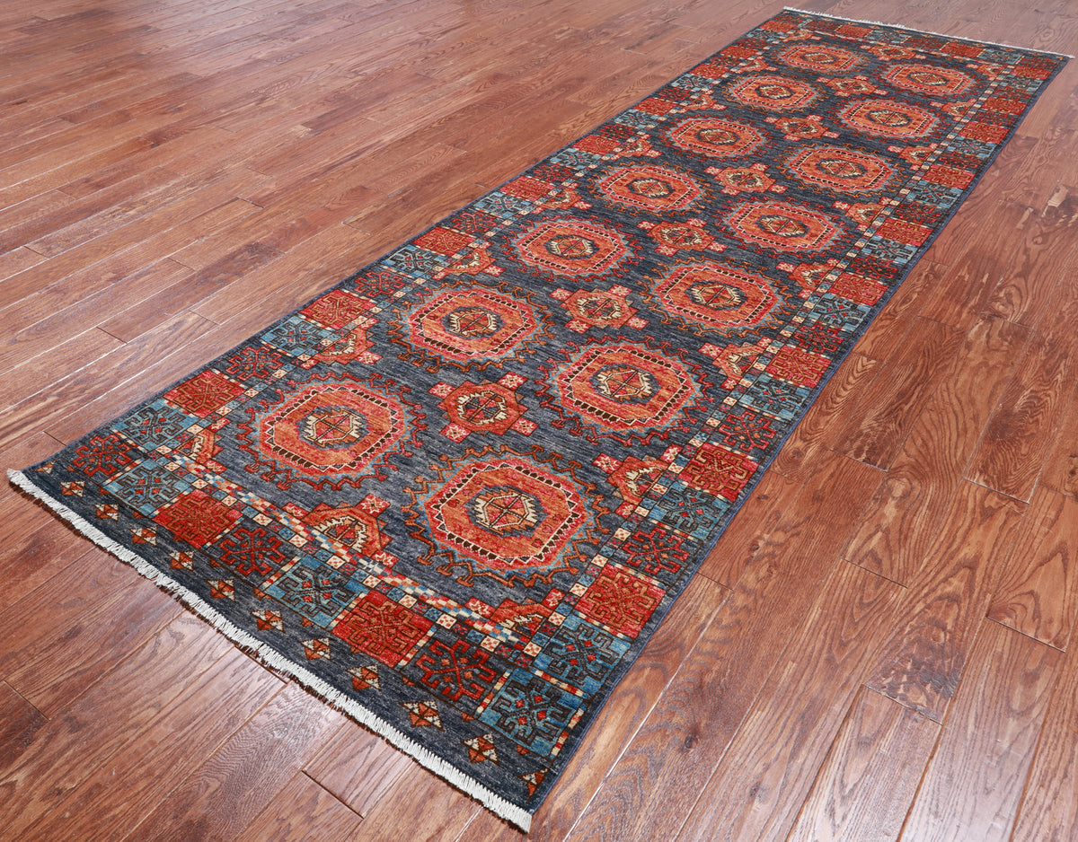 Turkmen Ersari Handmade Wool Runner Rug - 3' 11" X 12' 6"
