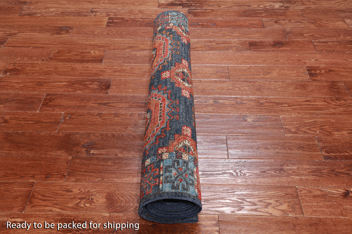 Turkmen Ersari Handmade Wool Runner Rug - 3' 11" X 12' 6"