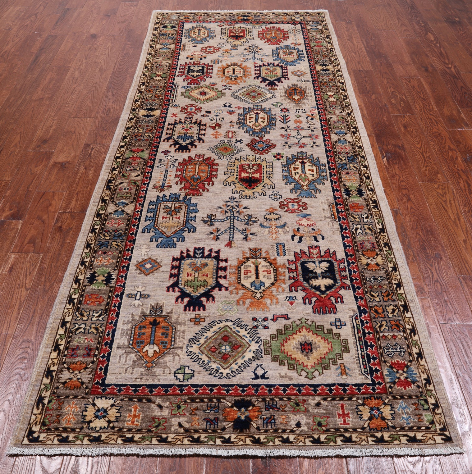 Silver Turkmen Ersari Hand Knotted Wool Runner Rug - 4' 0" X 9' 9"