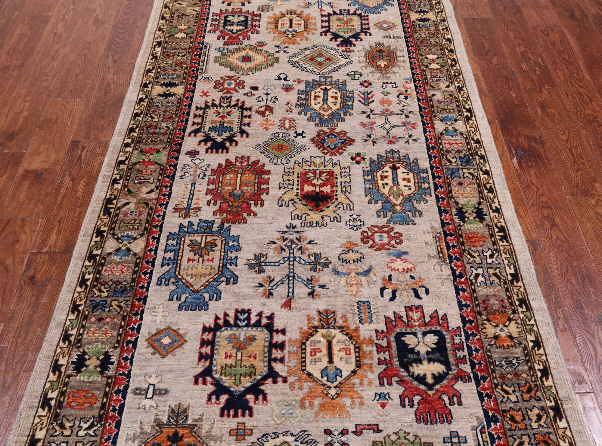 Silver Turkmen Ersari Hand Knotted Wool Runner Rug - 4' 0" X 9' 9"