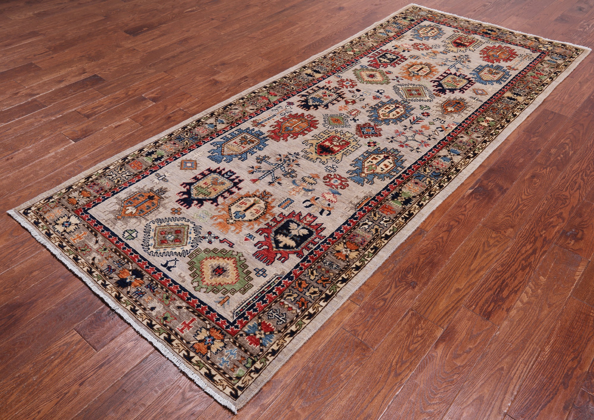 Silver Turkmen Ersari Hand Knotted Wool Runner Rug - 4' 0" X 9' 9"
