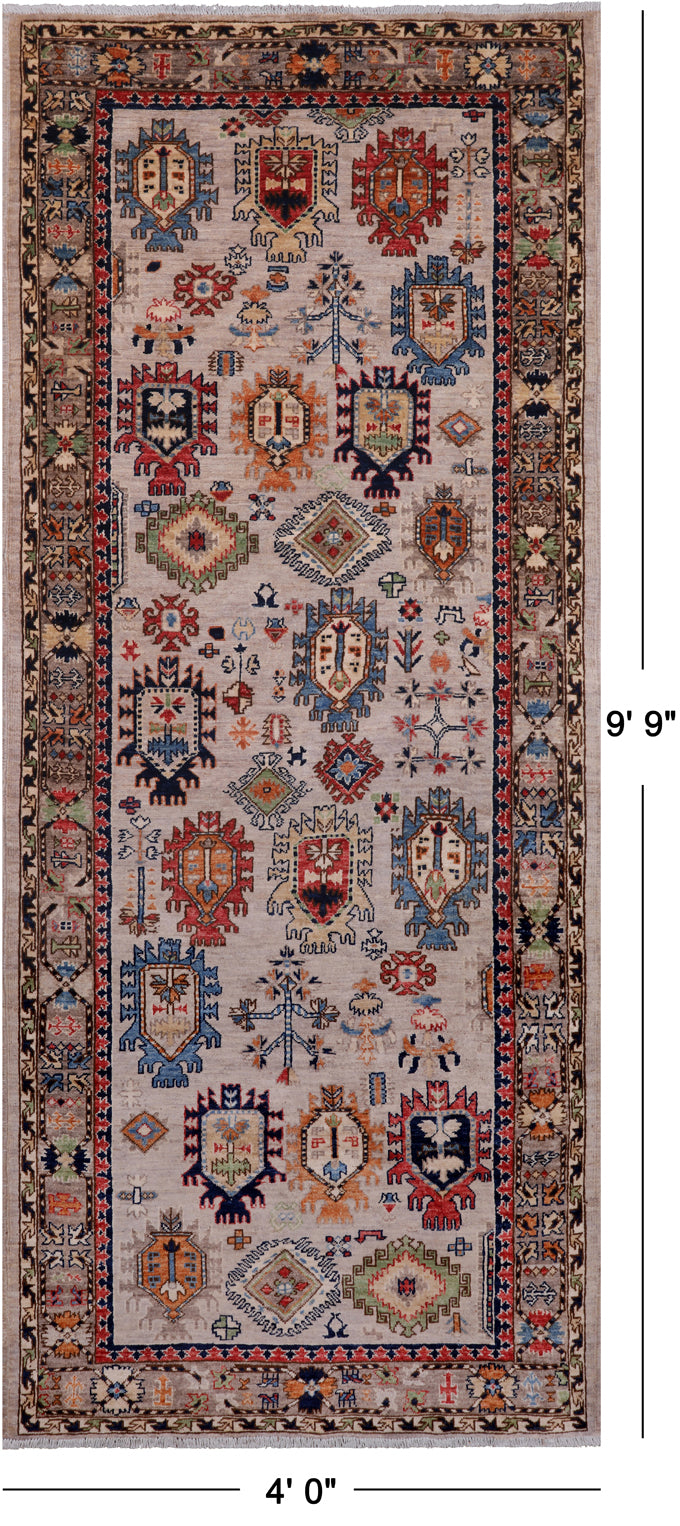 Silver Turkmen Ersari Hand Knotted Wool Runner Rug - 4' 0" X 9' 9"