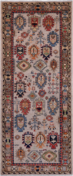 Silver Turkmen Ersari Hand Knotted Wool Runner Rug - 4' 0" X 9' 9"