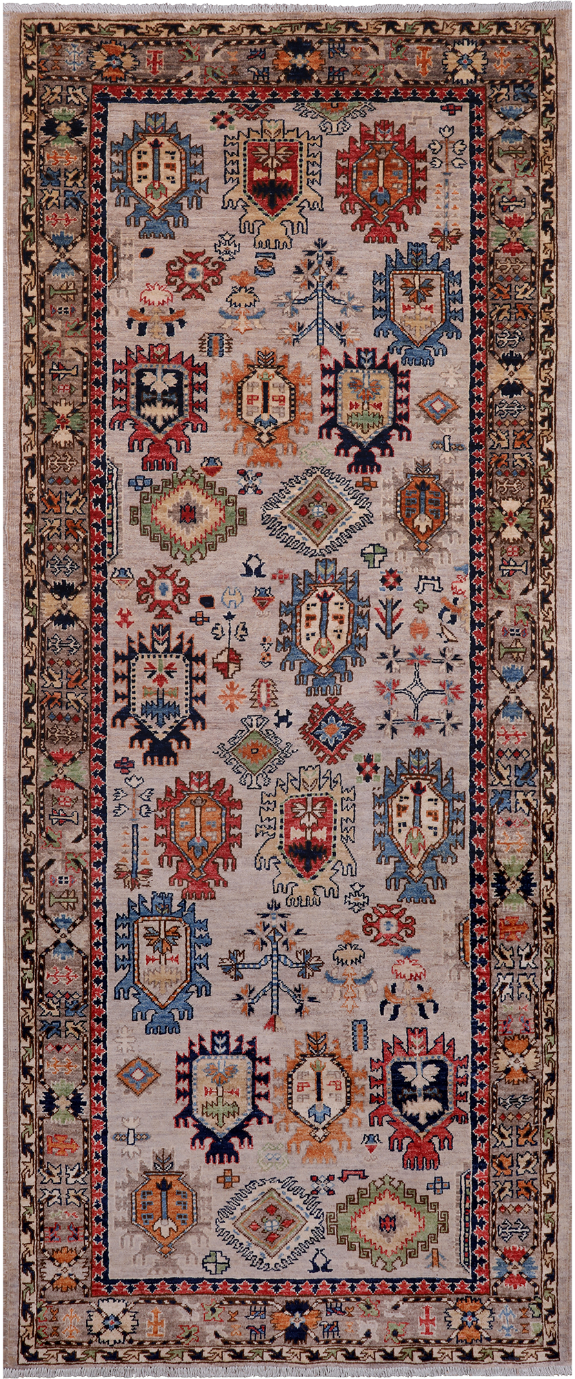 Silver Turkmen Ersari Hand Knotted Wool Runner Rug - 4' 0" X 9' 9"