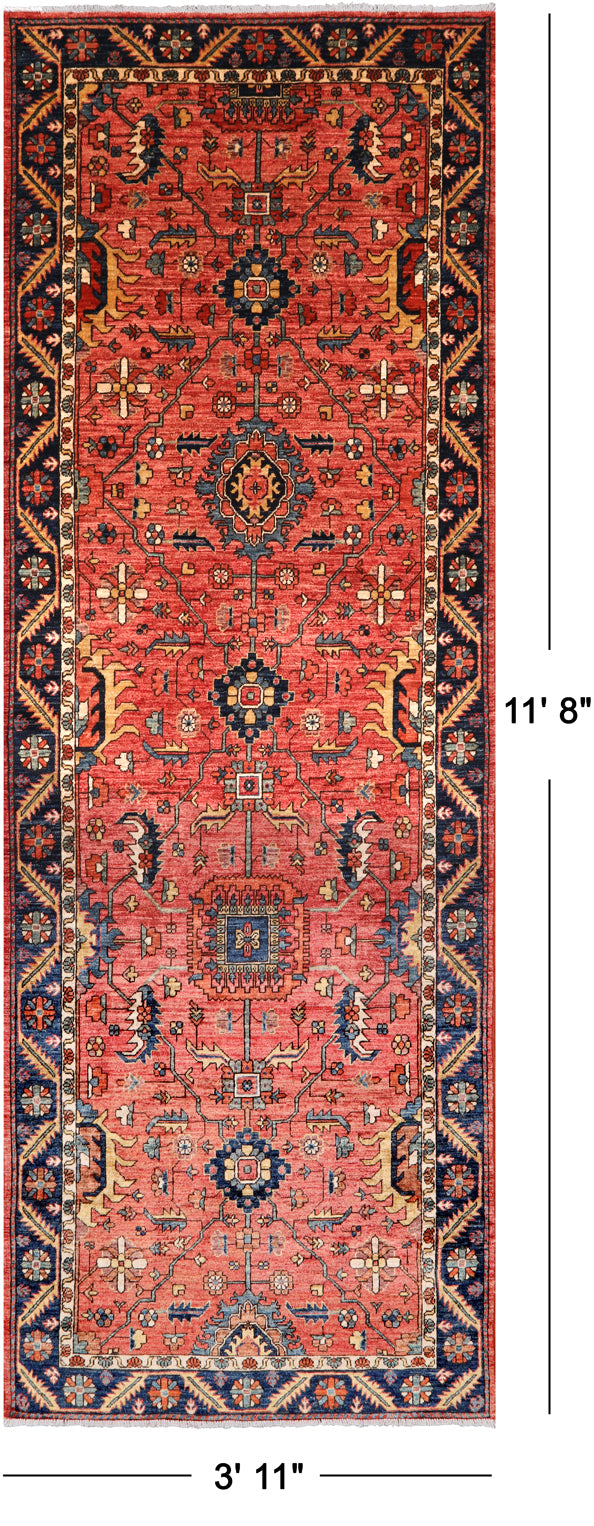 Rust Persian Fine Serapi Hand-Knotted Wool Runner Rug - 3' 11" X 11' 8"