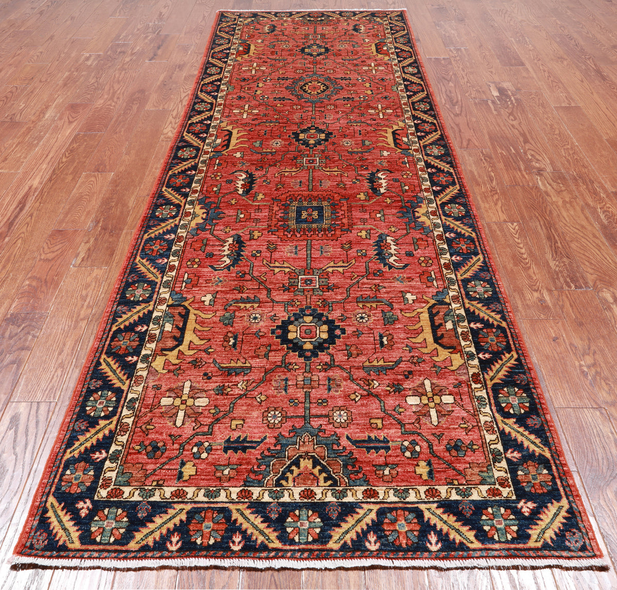 Rust Persian Fine Serapi Hand-Knotted Wool Runner Rug - 3' 11" X 11' 8"