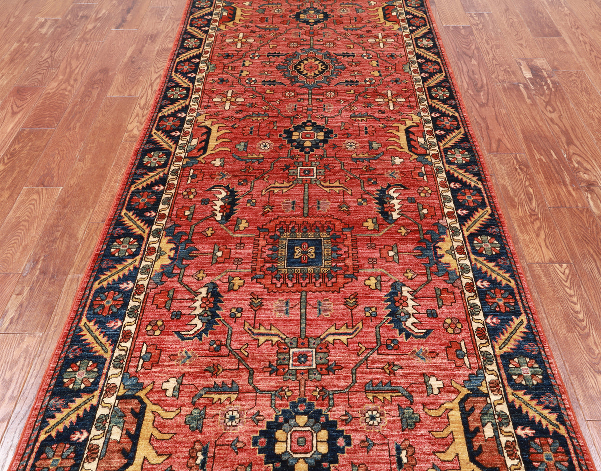 Rust Persian Fine Serapi Hand-Knotted Wool Runner Rug - 3' 11" X 11' 8"