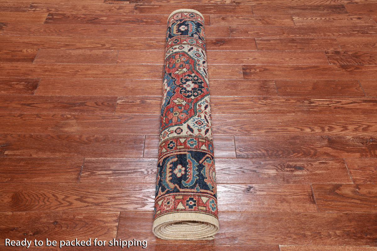 Ivory Persian Fine Serapi Hand Knotted Wool Runner Rug - 4' 3" X 13' 8"
