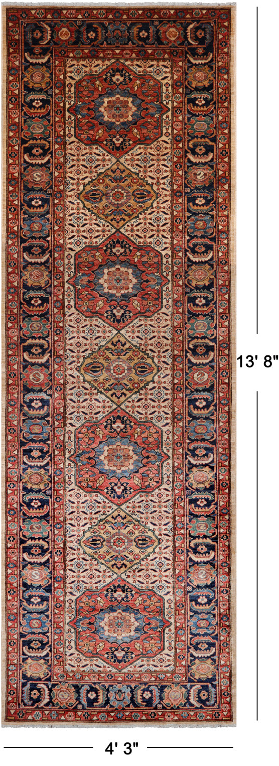 Ivory Persian Fine Serapi Hand Knotted Wool Runner Rug - 4' 3" X 13' 8"