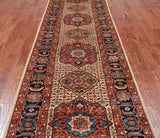 Ivory Persian Fine Serapi Hand Knotted Wool Runner Rug - 4' 3" X 13' 8"
