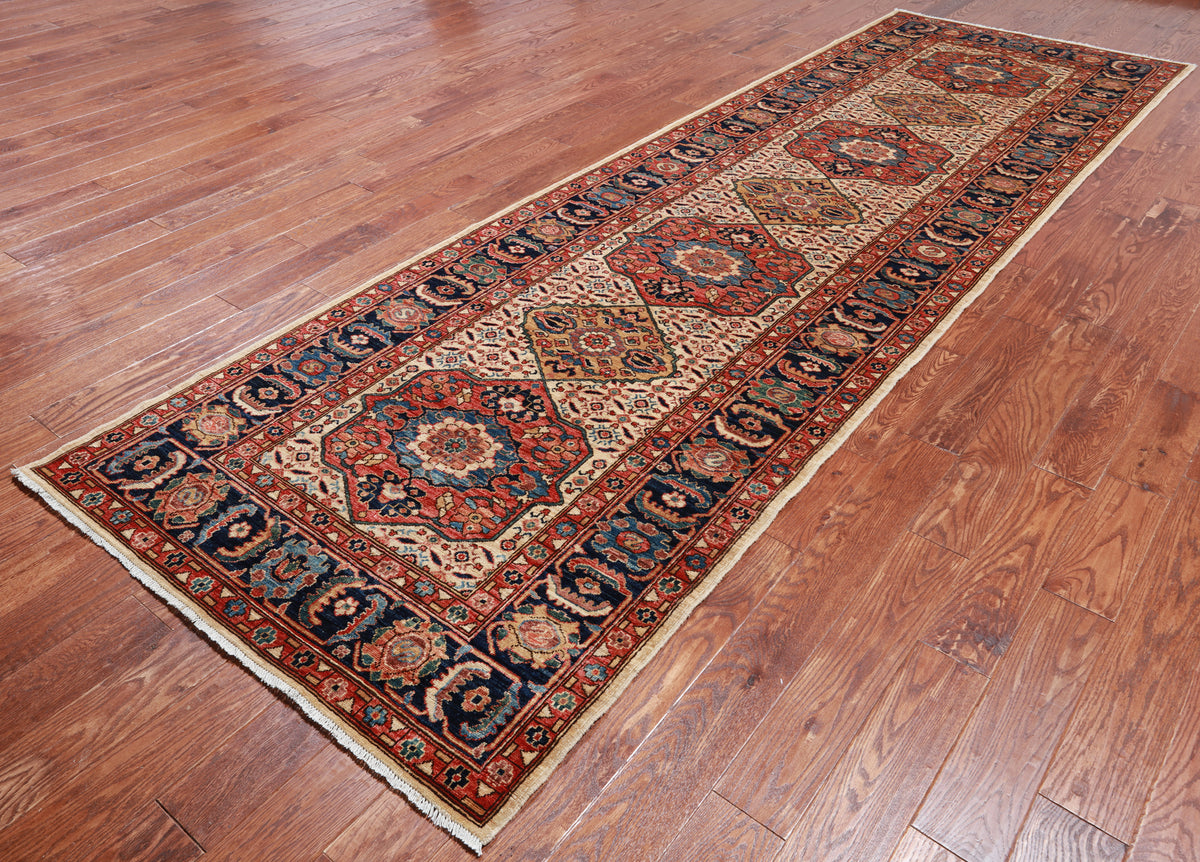Ivory Persian Fine Serapi Hand Knotted Wool Runner Rug - 4' 3" X 13' 8"