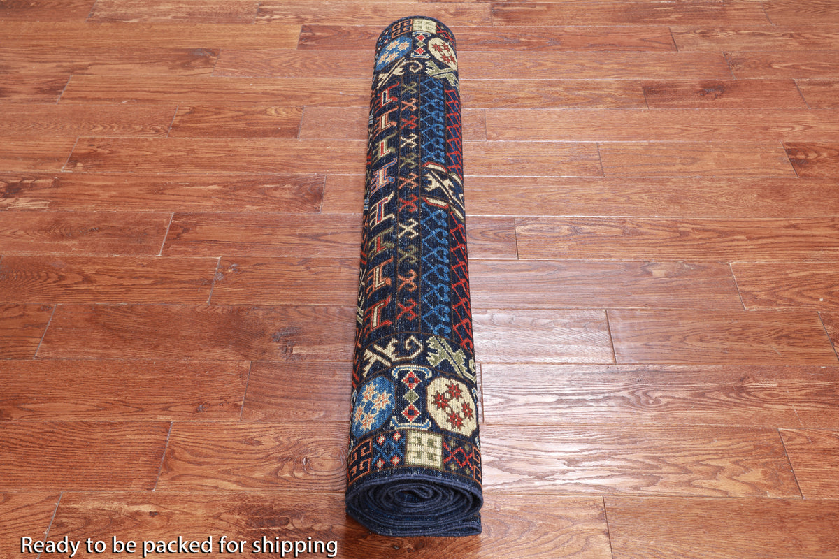 Blue Turkmen Ersari Handmade Wool Runner Rug - 3' 11" X 11' 6"