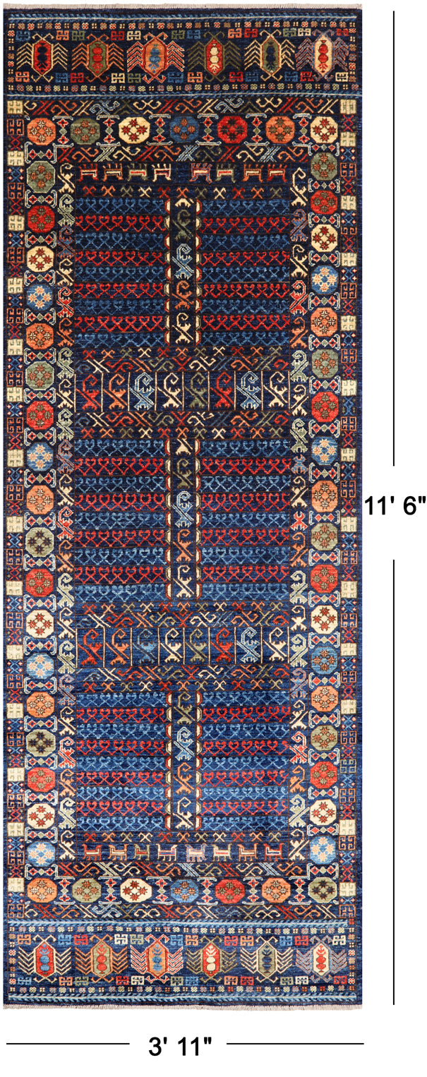 Blue Turkmen Ersari Handmade Wool Runner Rug - 3' 11" X 11' 6"