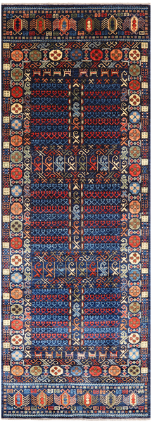 Blue Turkmen Ersari Handmade Wool Runner Rug - 3' 11" X 11' 6"