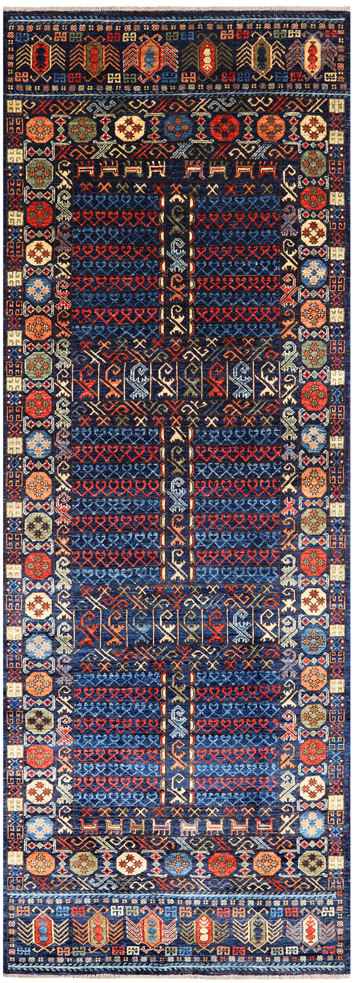 Blue Turkmen Ersari Handmade Wool Runner Rug - 3' 11" X 11' 6"