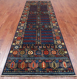 Blue Turkmen Ersari Handmade Wool Runner Rug - 3' 11" X 11' 6"