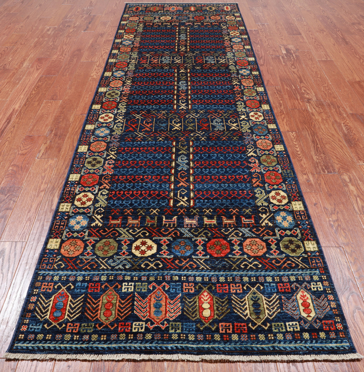 Blue Turkmen Ersari Handmade Wool Runner Rug - 3' 11" X 11' 6"