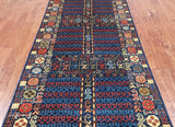 Blue Turkmen Ersari Handmade Wool Runner Rug - 3' 11" X 11' 6"