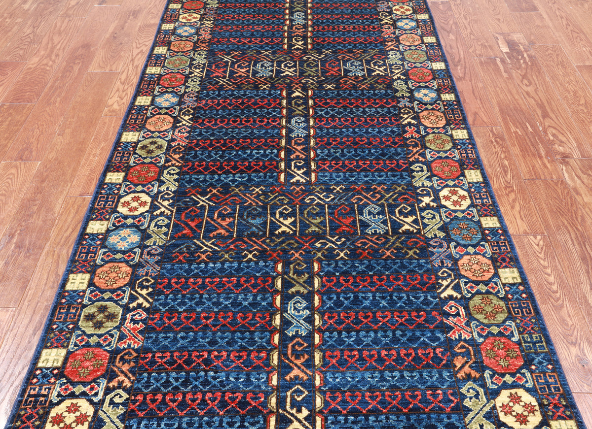 Blue Turkmen Ersari Handmade Wool Runner Rug - 3' 11" X 11' 6"