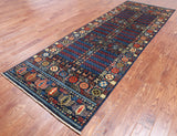 Blue Turkmen Ersari Handmade Wool Runner Rug - 3' 11" X 11' 6"