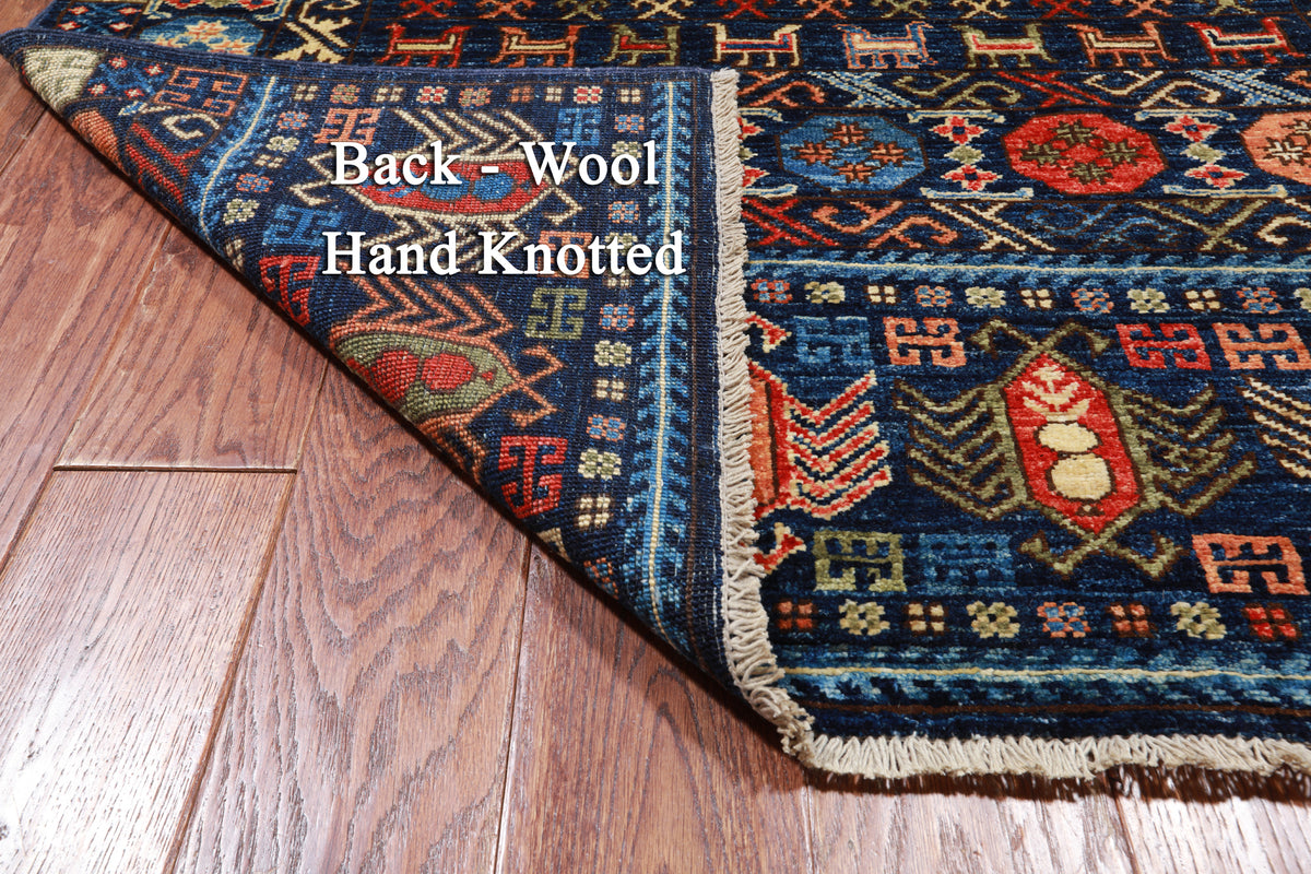 Blue Turkmen Ersari Handmade Wool Runner Rug - 3' 11" X 11' 6"