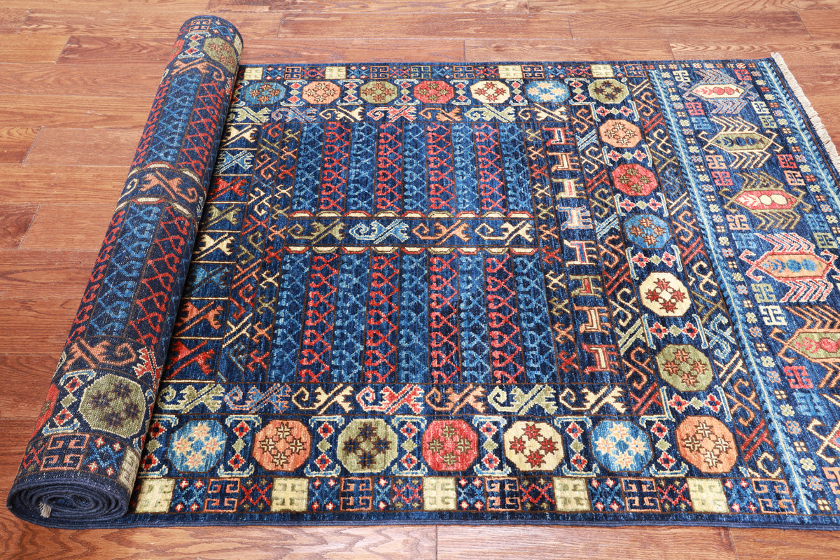 Blue Turkmen Ersari Handmade Wool Runner Rug - 3' 11" X 11' 6"