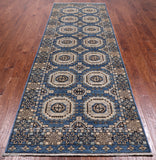 Blue Turkmen Ersari Handmade Wool Runner Rug - 4' 0" X 11' 4"