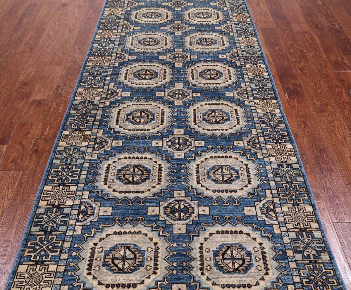 Blue Turkmen Ersari Handmade Wool Runner Rug - 4' 0" X 11' 4"