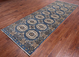 Blue Turkmen Ersari Handmade Wool Runner Rug - 4' 0" X 11' 4"