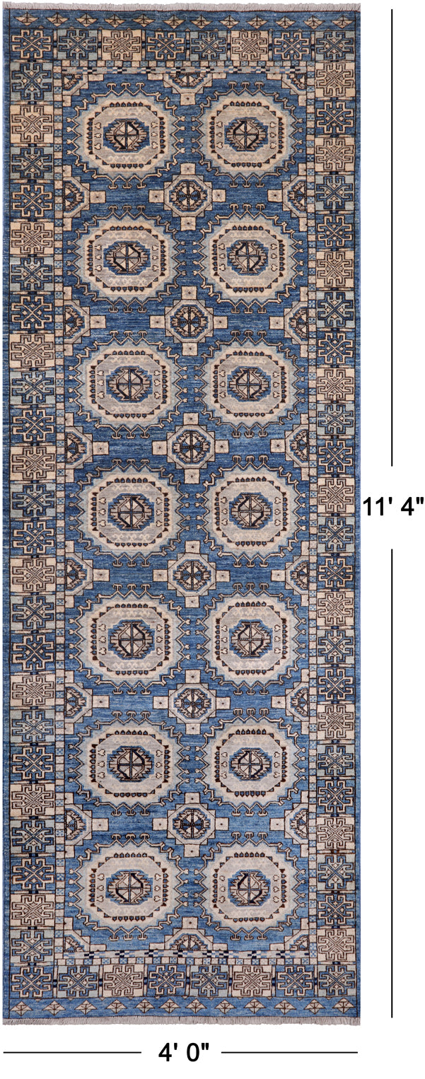 Blue Turkmen Ersari Handmade Wool Runner Rug - 4' 0" X 11' 4"