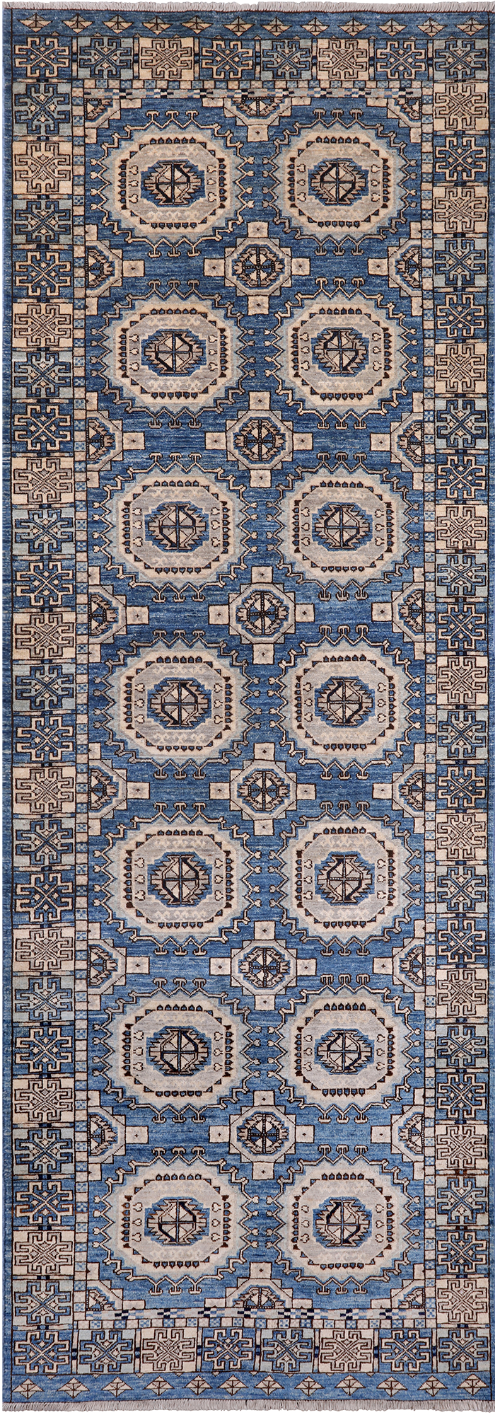 Blue Turkmen Ersari Handmade Wool Runner Rug - 4' 0" X 11' 4"