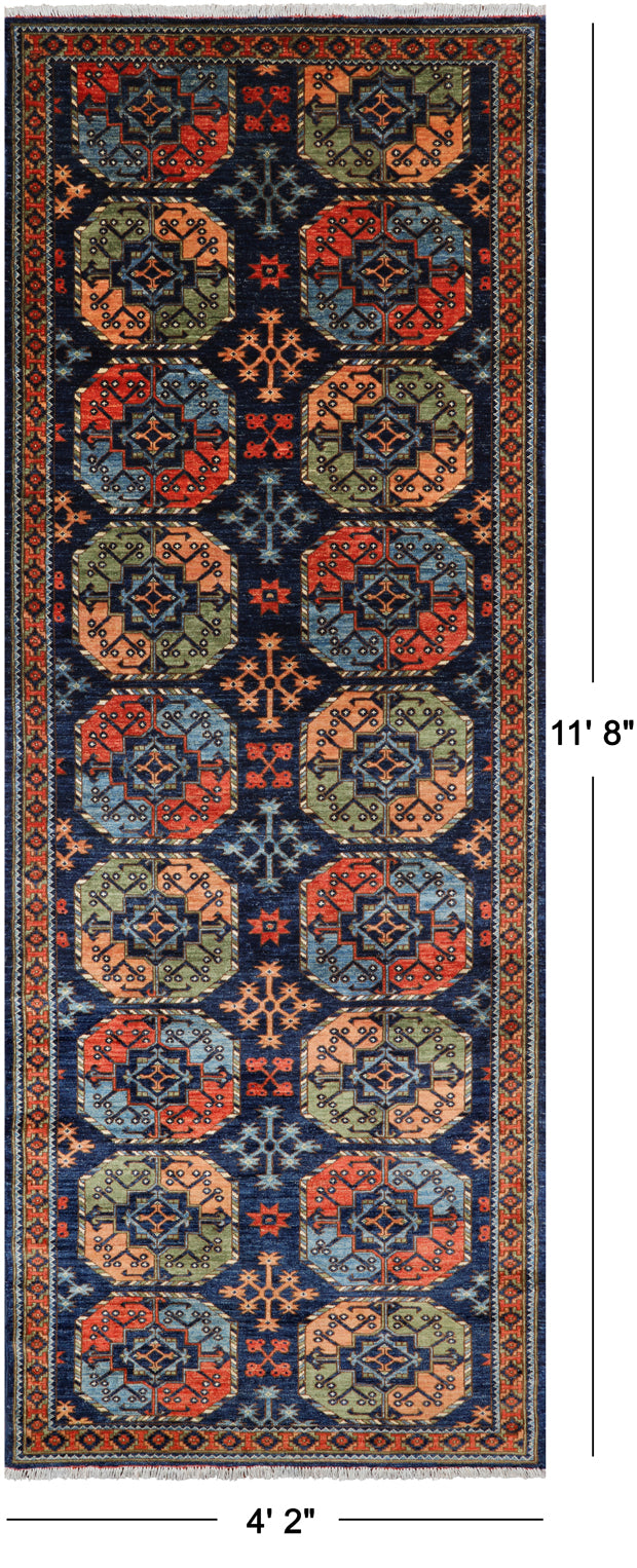 Blue Turkmen Ersari Handmade Wool Runner Rug - 4' 2" X 11' 8"