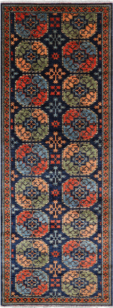 Blue Turkmen Ersari Handmade Wool Runner Rug - 4' 2" X 11' 8"