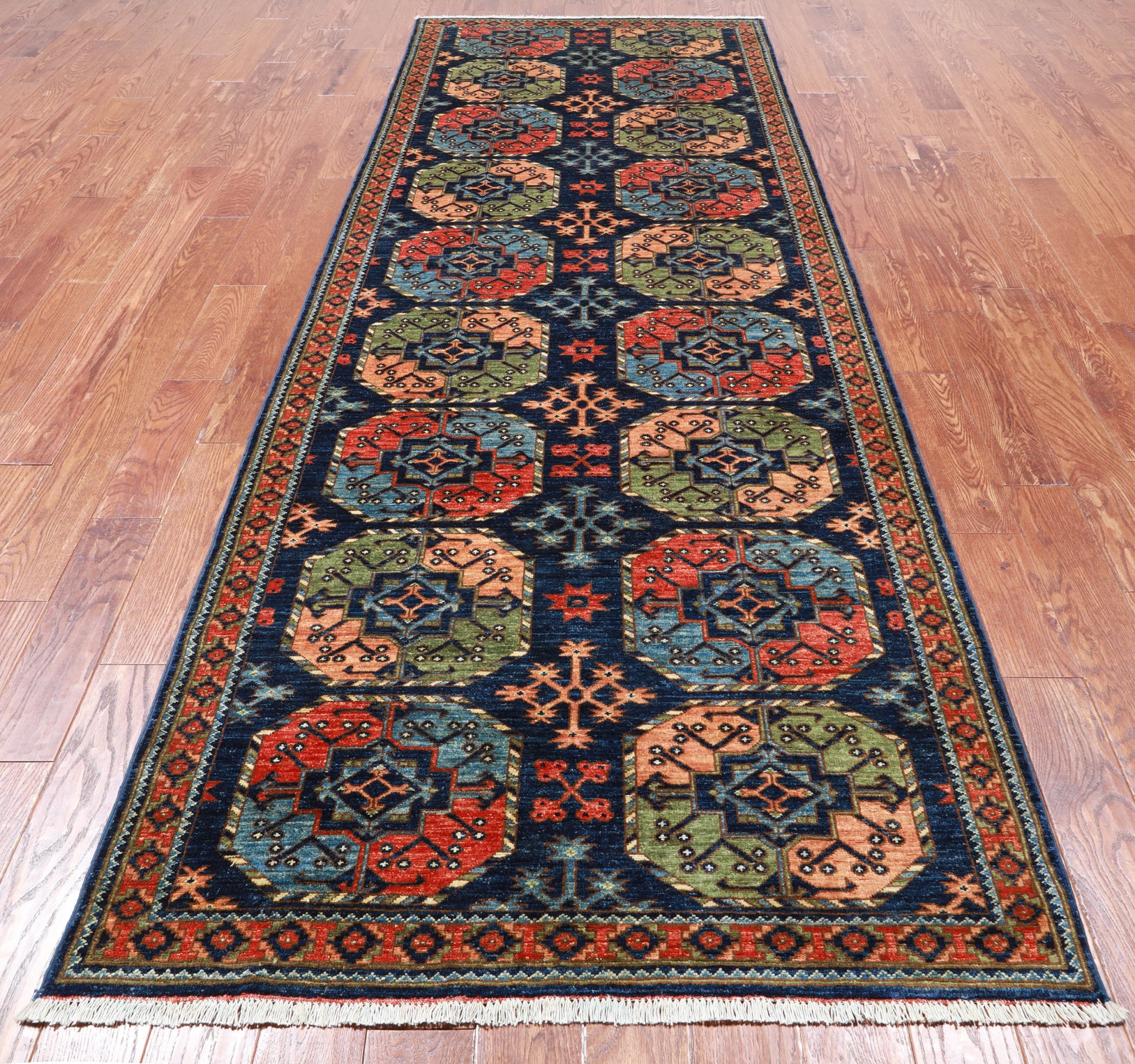 Blue Turkmen Ersari Handmade Wool Runner Rug - 4' 2" X 11' 8"