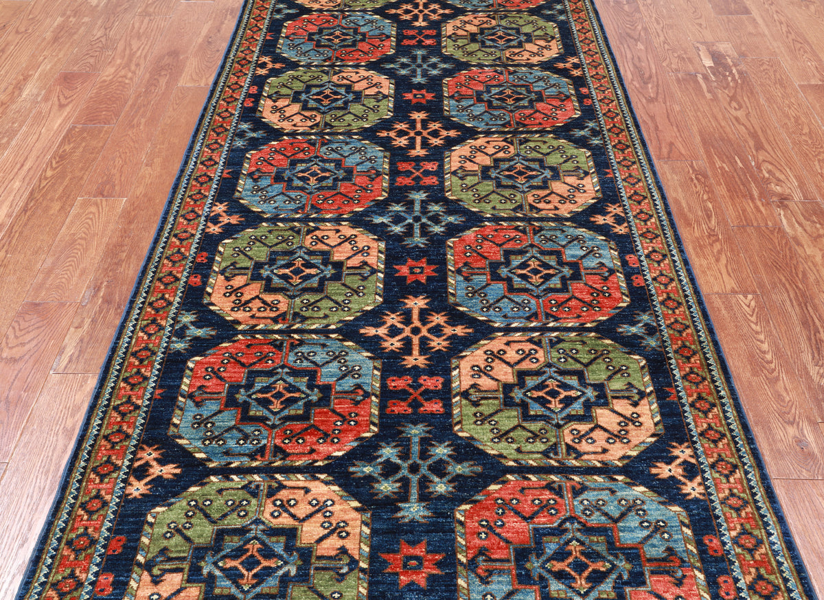 Blue Turkmen Ersari Handmade Wool Runner Rug - 4' 2" X 11' 8"