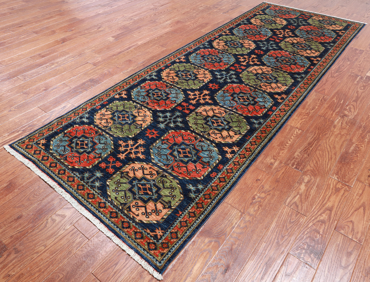 Blue Turkmen Ersari Handmade Wool Runner Rug - 4' 2" X 11' 8"