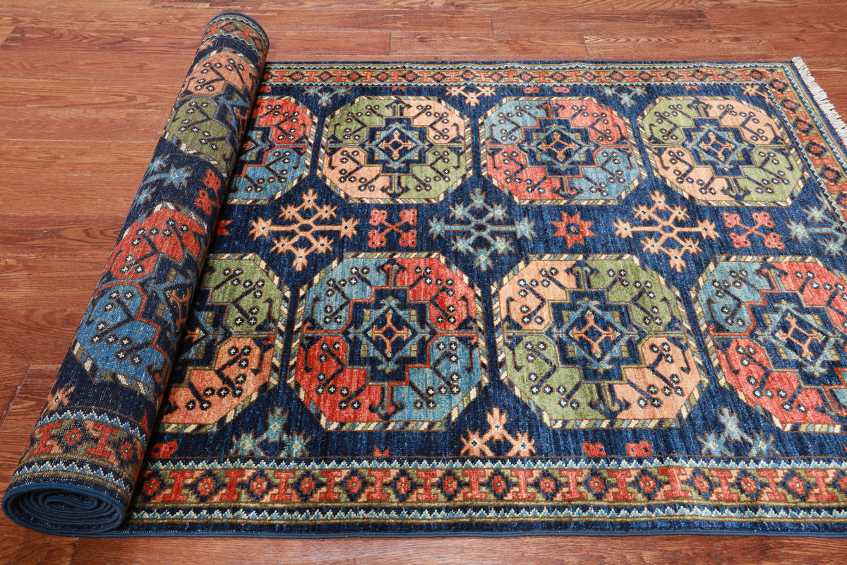 Blue Turkmen Ersari Handmade Wool Runner Rug - 4' 2" X 11' 8"