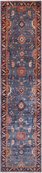 Blue Persian Fine Serapi Handmade Wool Runner Rug - 4' 2" X 19' 3"