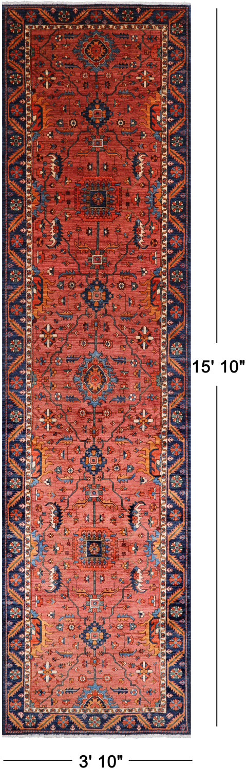 Rust Persian Fine Serapi Handmade Wool Runner Rug - 3' 10" X 15' 10"