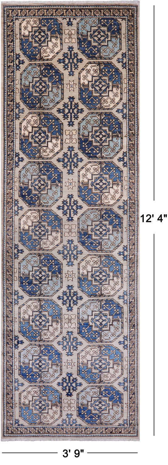 Turkmen Ersari Handmade Wool Runner Rug - 3' 9" X 12' 4"
