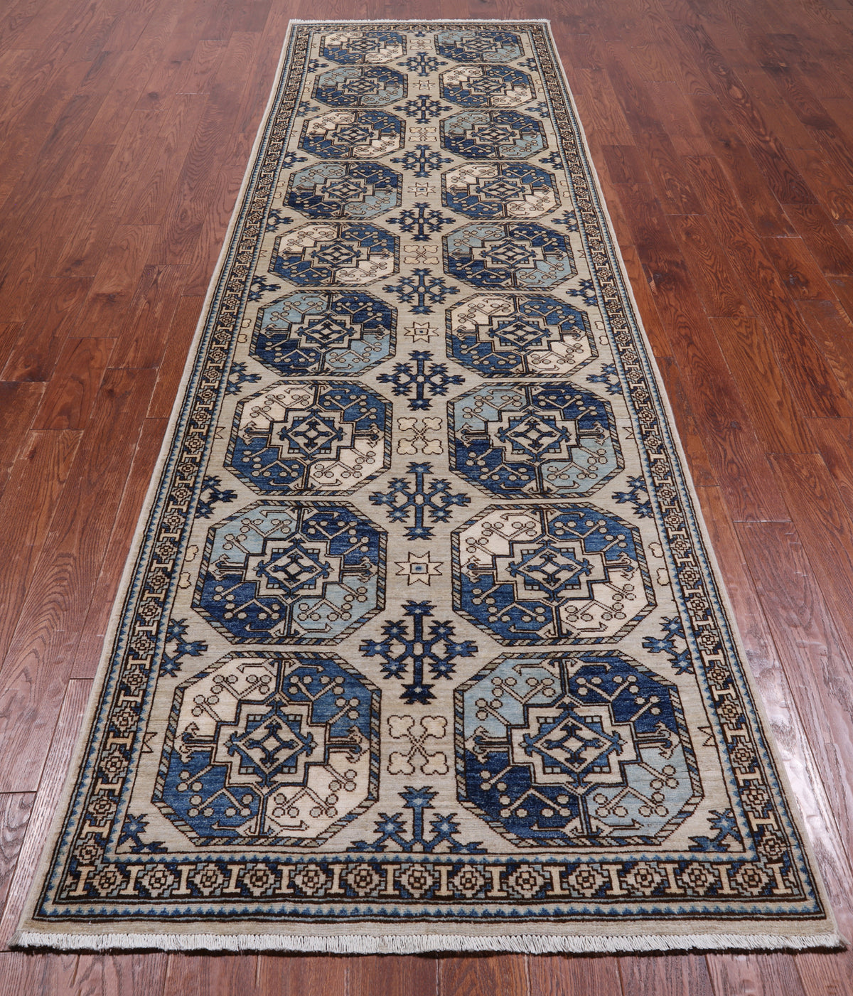 Turkmen Ersari Handmade Wool Runner Rug - 3' 9" X 12' 4"