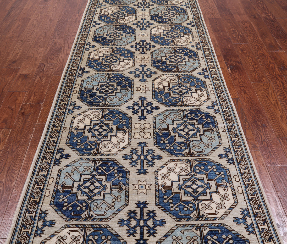 Turkmen Ersari Handmade Wool Runner Rug - 3' 9" X 12' 4"