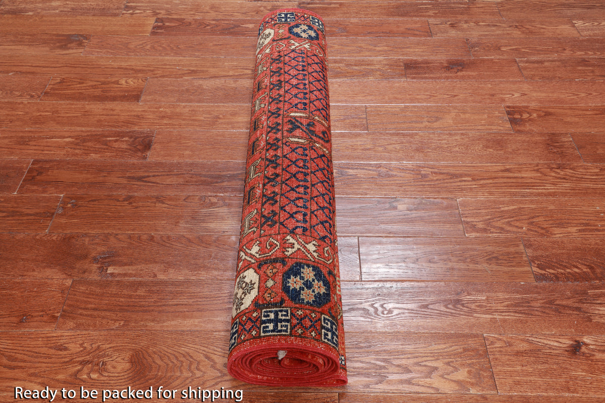 Rust Turkmen Ersari Handmade Wool Runner Rug - 3' 10" X 12' 2"